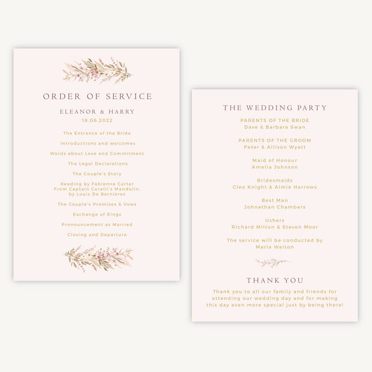 Dried Flower Hoop Wedding Order of Service Sheet