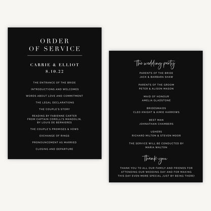 Black Modern Script Wedding Order of Service Sheet