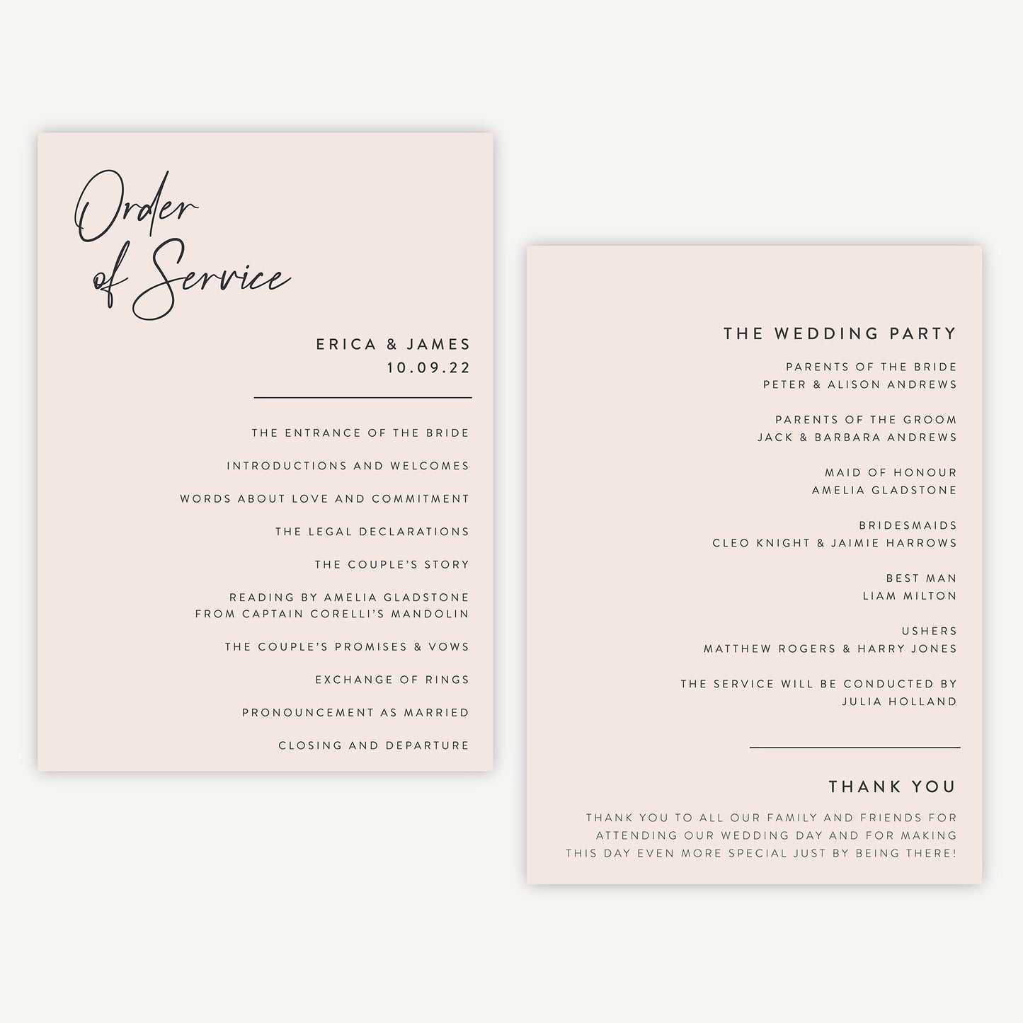 Minimal Script Wedding Order of Service Sheet