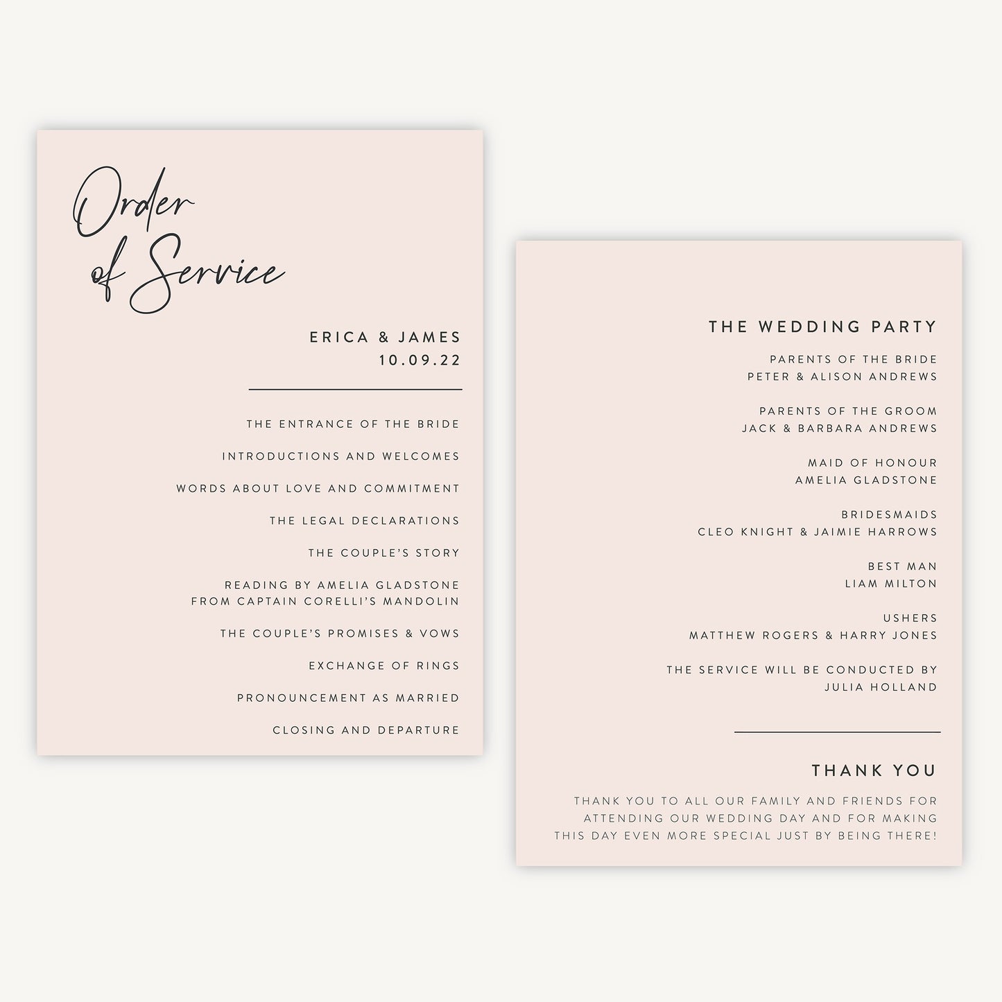 Minimal Script Wedding Order of Service Sheet – Loom Weddings