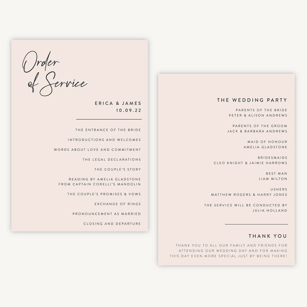 Minimal Script Wedding Order of Service Sheet – Loom Weddings