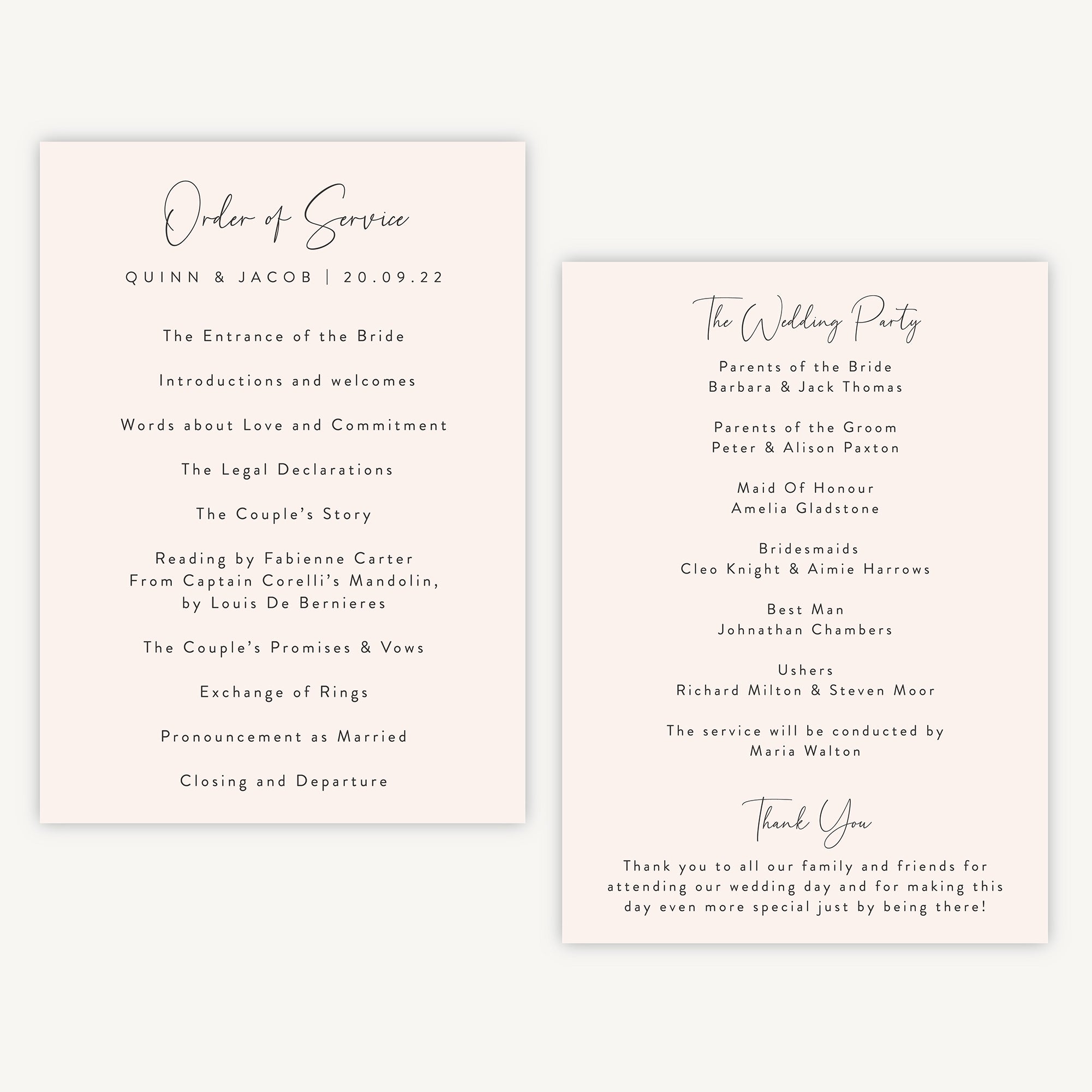 Romantic Script Wedding Order of Service Sheet – Loom Weddings