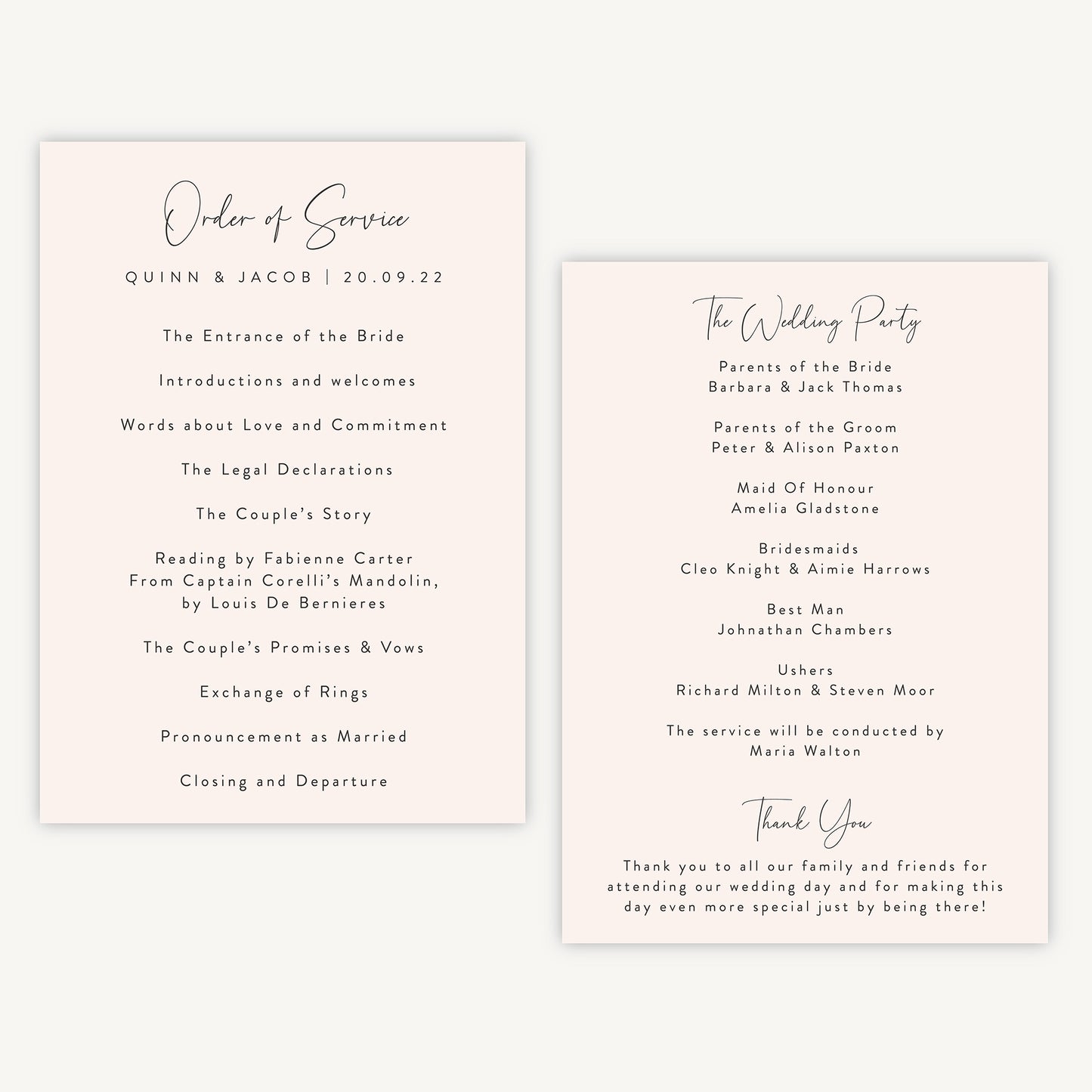 Romantic Script Wedding Order of Service Sheet