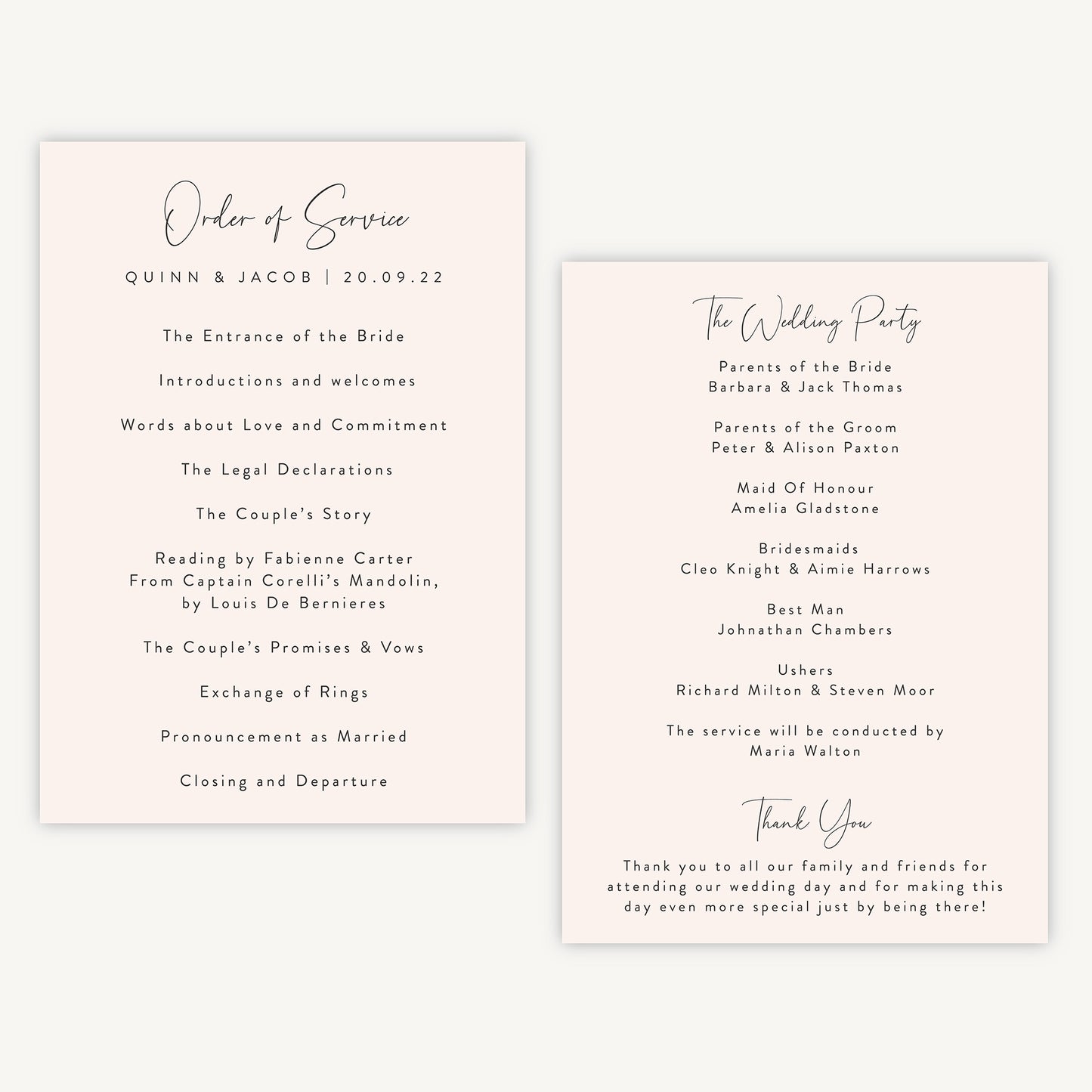 Romantic Script Wedding Order of Service Sheet – Loom Weddings