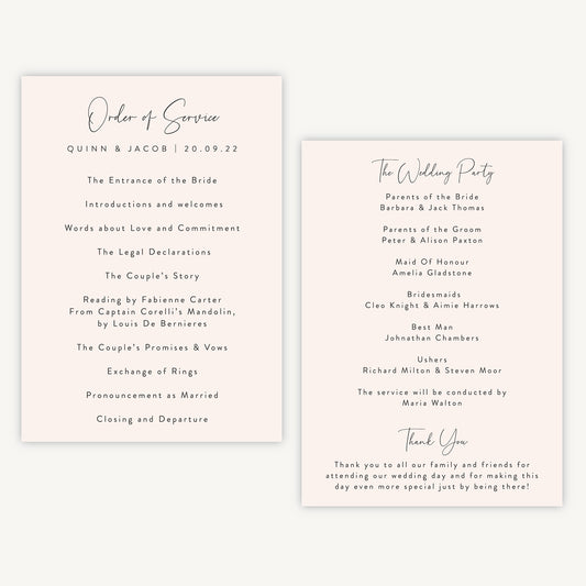 Romantic Script Wedding Order of Service Sheet