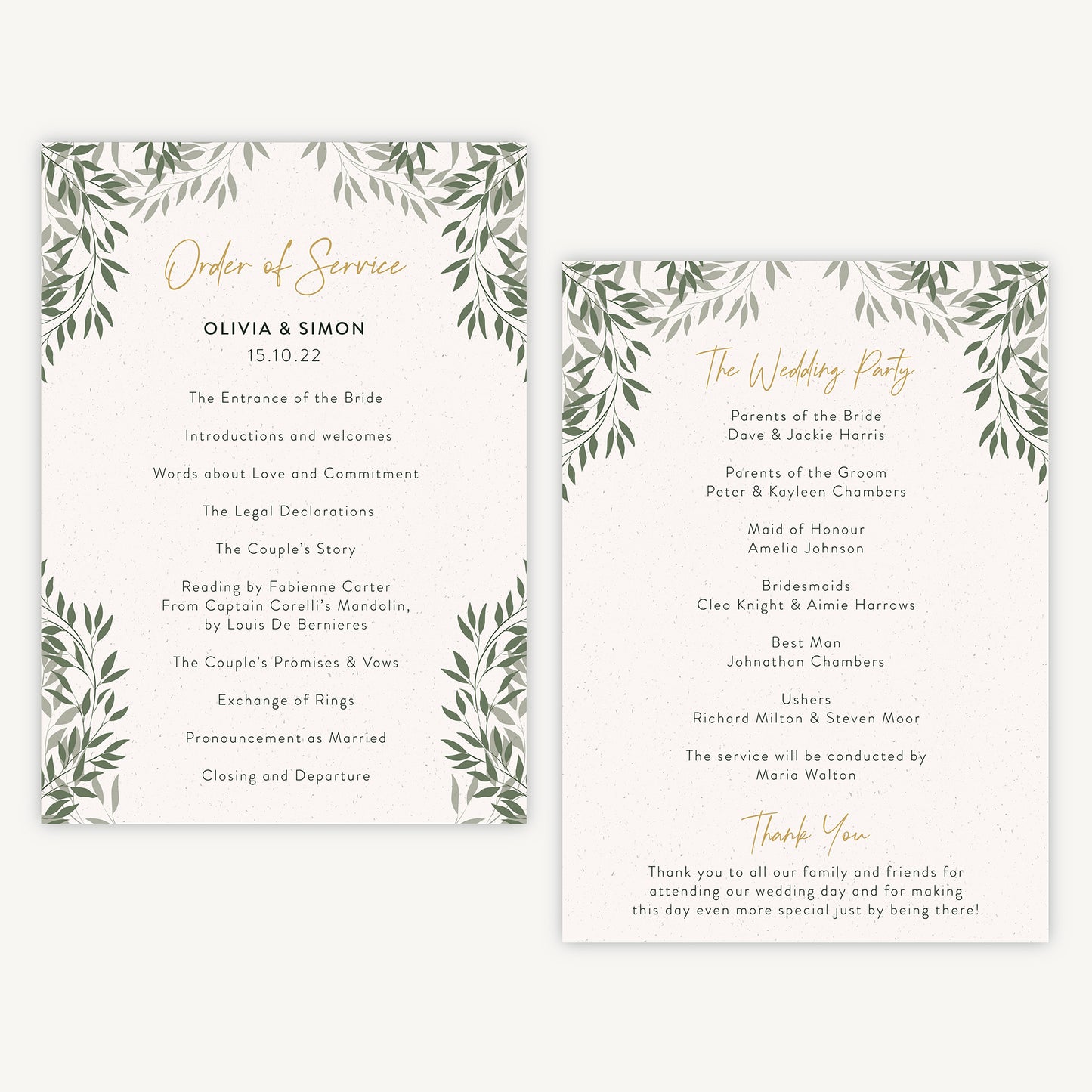 Botanical Rustic Wedding Order of Service Sheet