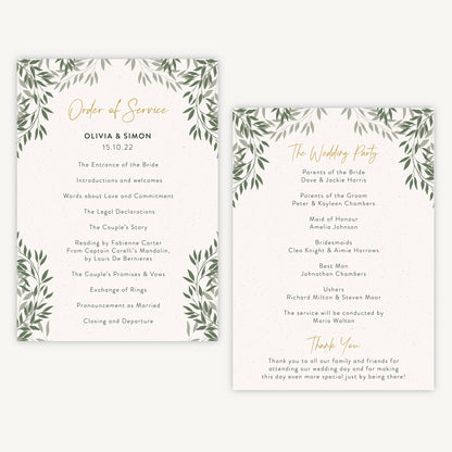 Botanical Rustic Wedding Order of Service Sheet