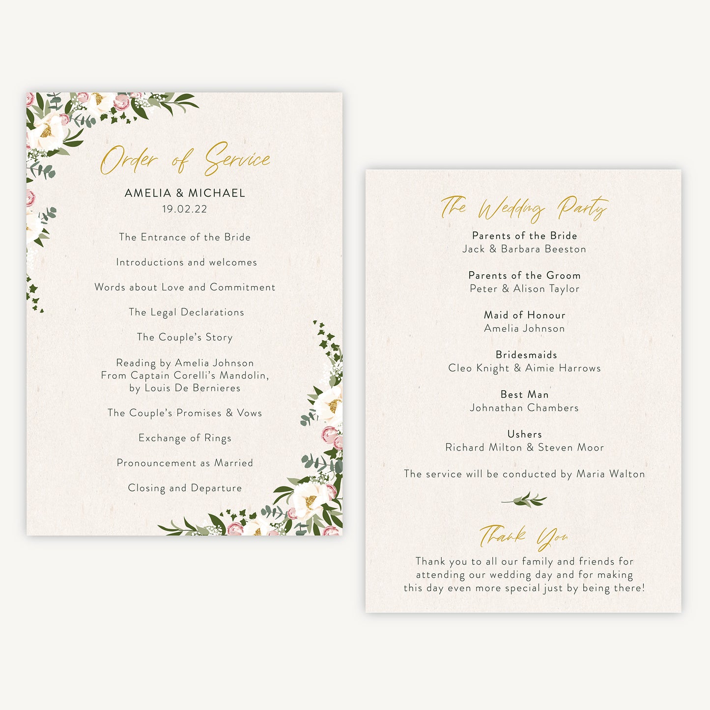 Floral Hoop Wedding Order of Service Sheet