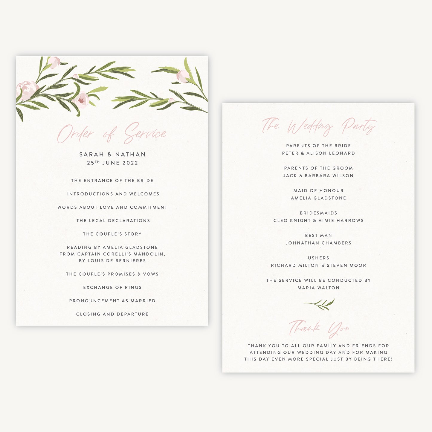 Blush Peony Wedding Order of Service Sheet