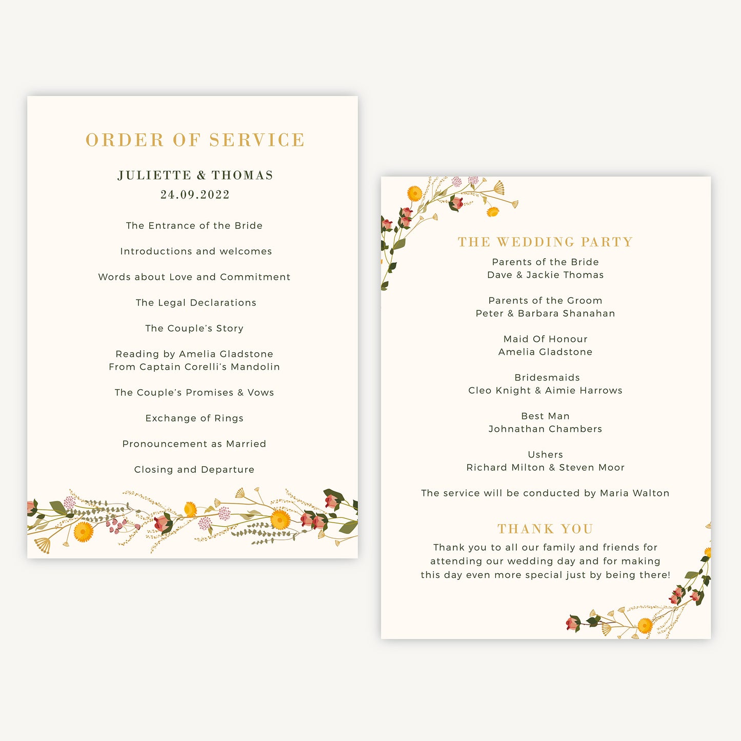 Rustic Wildflowers Wedding Order of Service Sheet