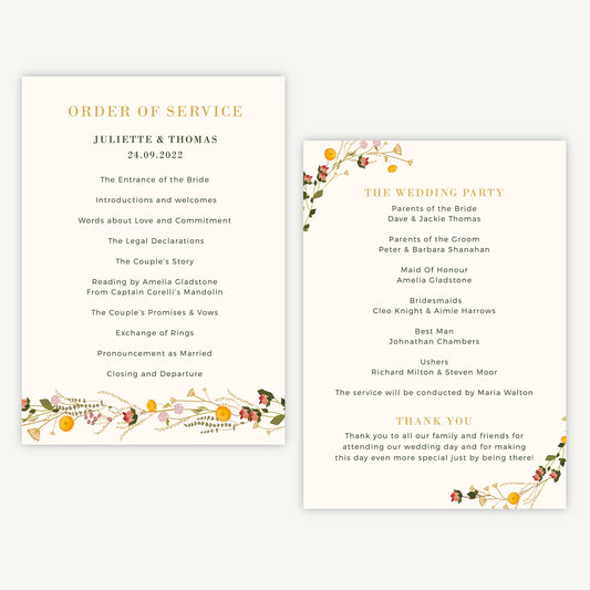 Rustic Wildflowers Wedding Order of Service Sheet