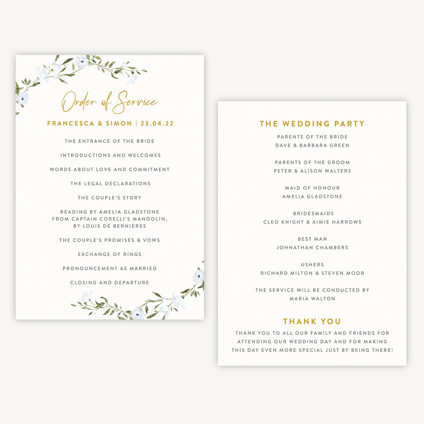 Spring Flowers Wedding Order of Service Sheet