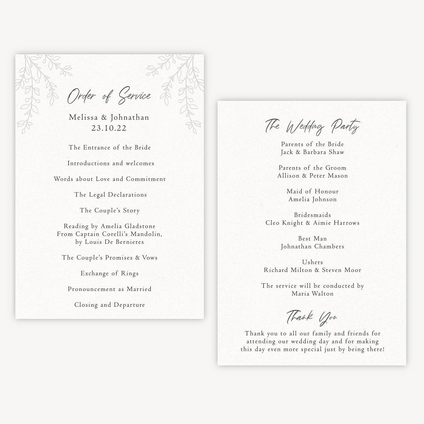 Elegant Floral Wedding Order of Service Sheet