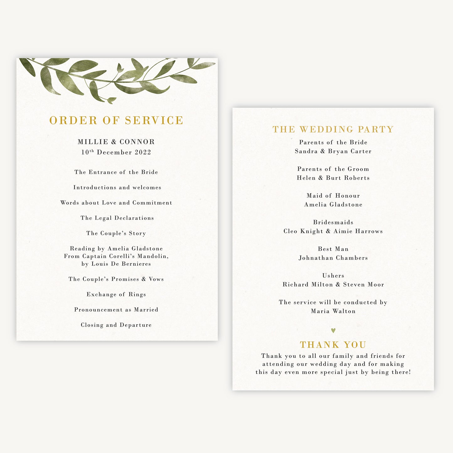 Greenery Botanical Wedding Order of Service Sheet