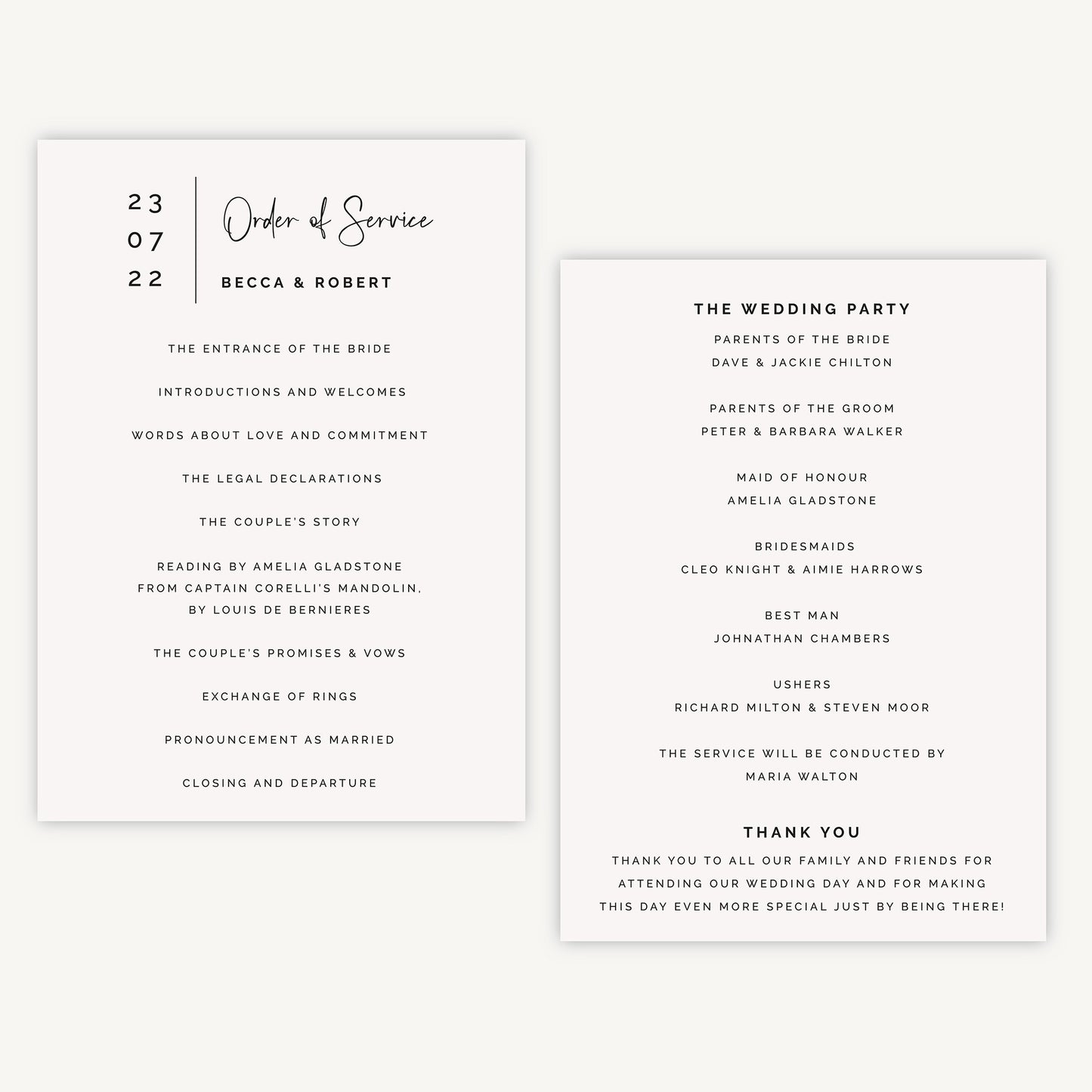 Modern Script Wedding Order of Service Sheet – Loom Weddings