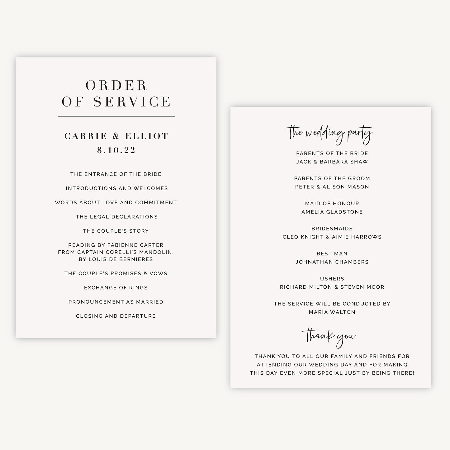 White Modern Script Wedding Order of Service Sheet