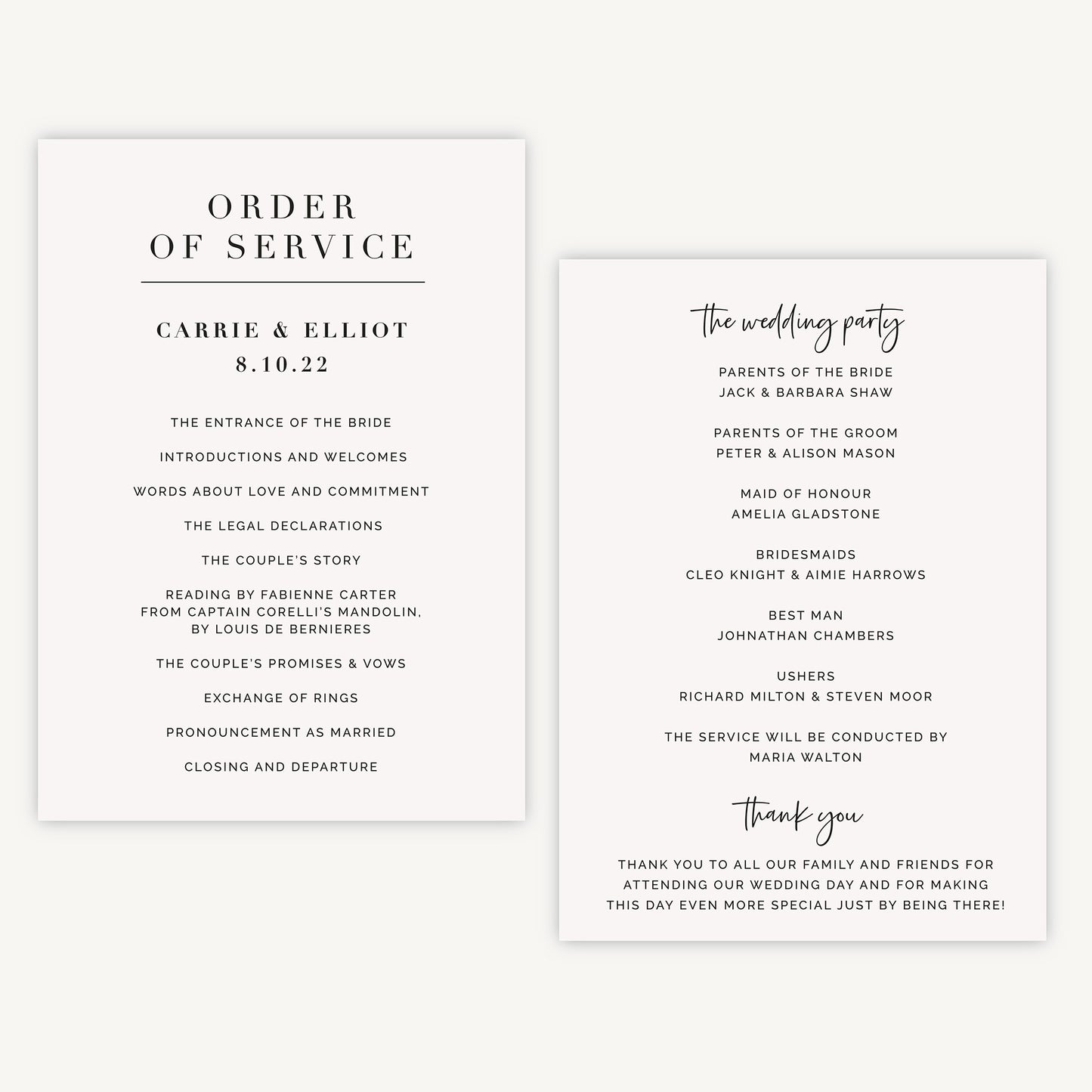 White Modern Script Wedding Order of Service Sheet – Loom Weddings