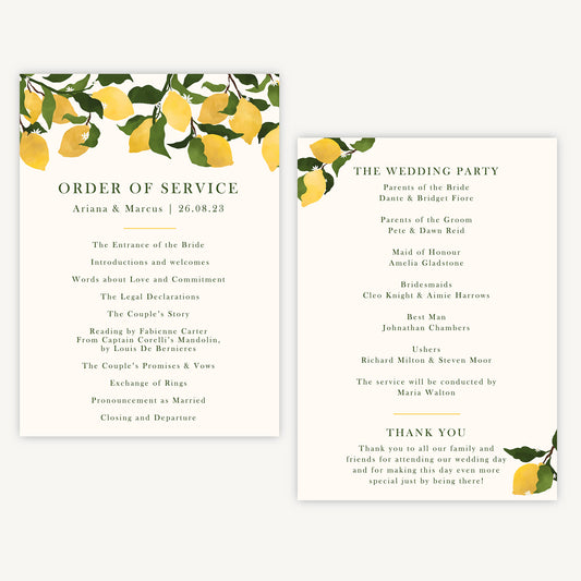 Amalfi Lemons Wedding Order of Service Sheet
