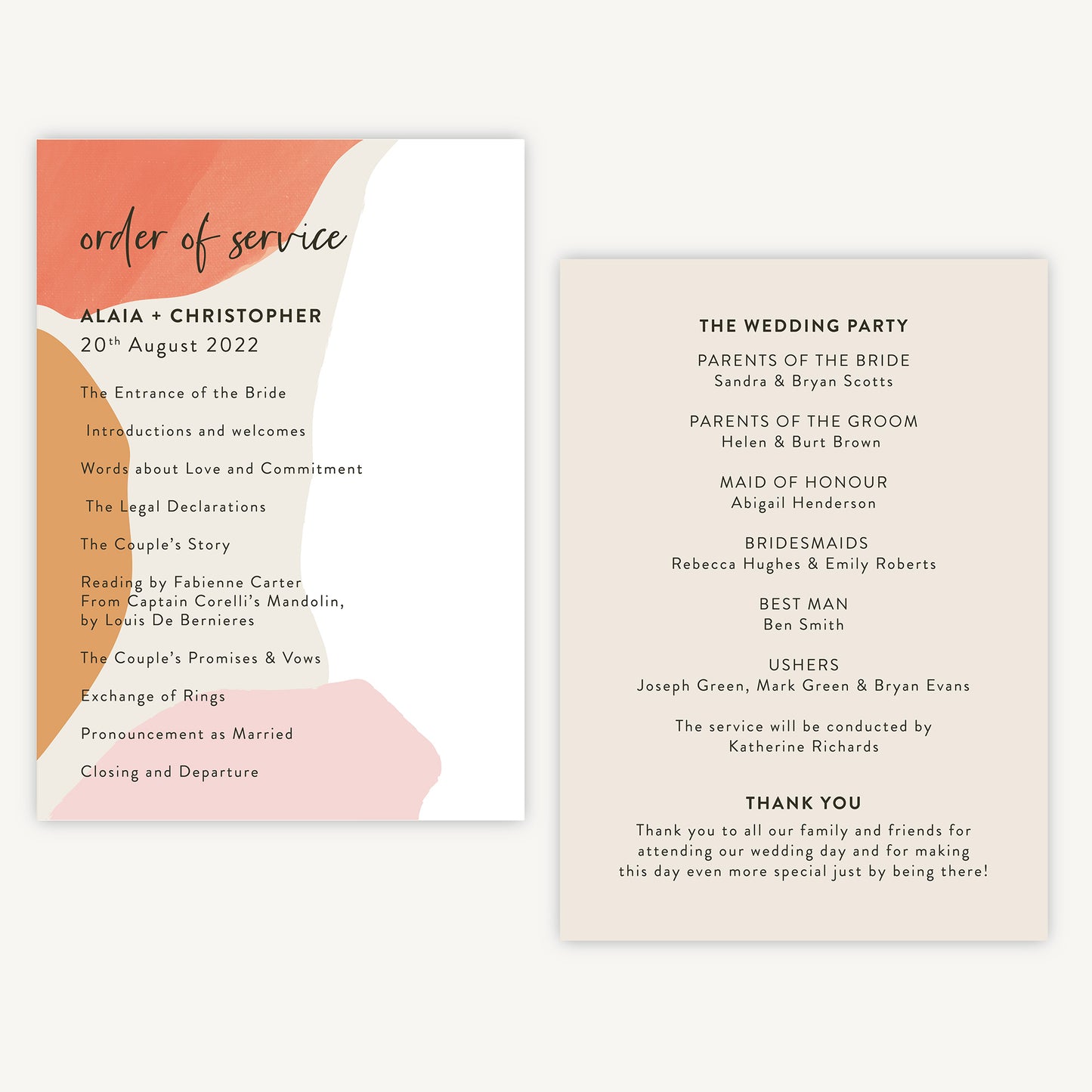 Painterly Colour Pop Wedding Order of Service Sheet