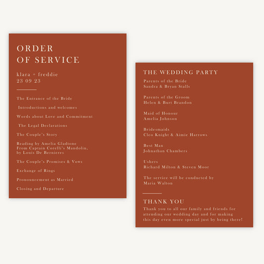 Caramel Autumn Colour Block Wedding Order of Service Sheet
