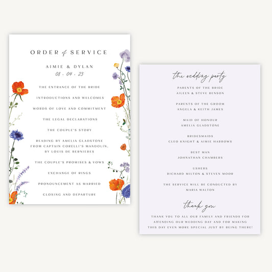 Pressed Wildflowers Wedding Order of Service Sheet