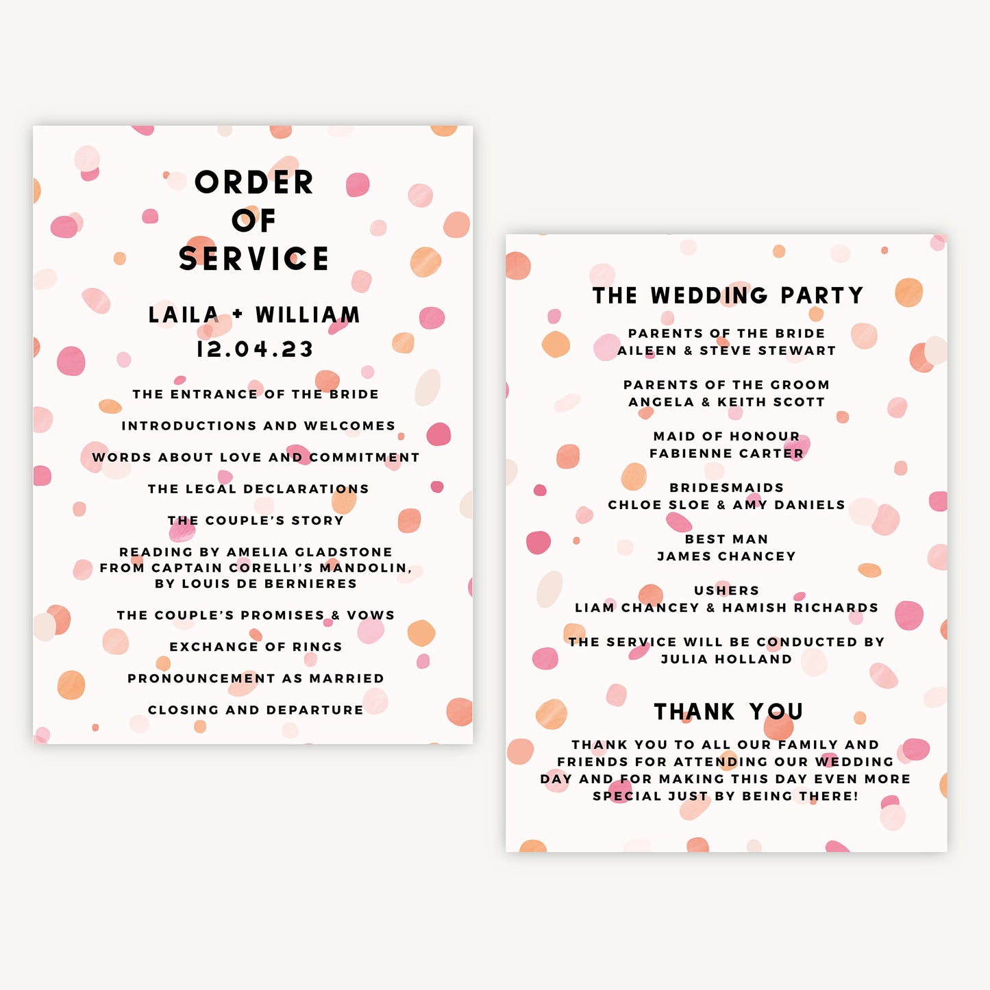 Bright Pink Confetti Wedding Order of Service Sheet