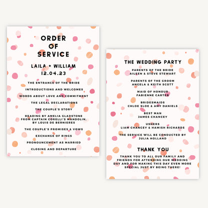 Bright Pink Confetti Wedding Order of Service Sheet