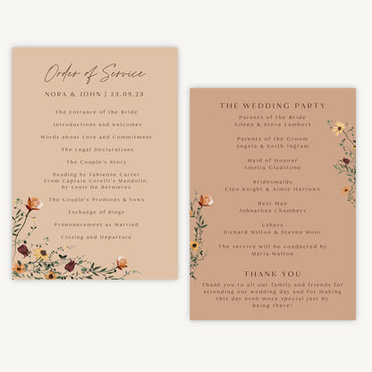 Autumn Wildflowers Wedding Order of Service Sheet