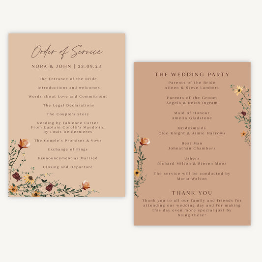 Autumn Wildflowers Wedding Order of Service Sheet