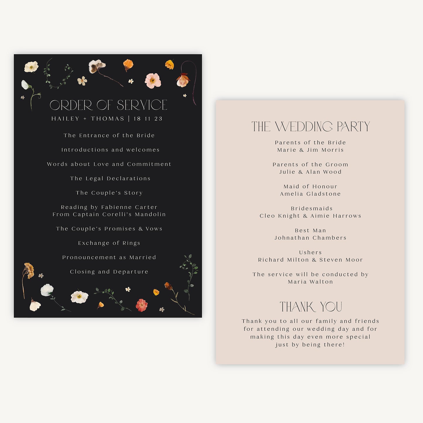 Winter Floral Wedding Order of Service Sheet
