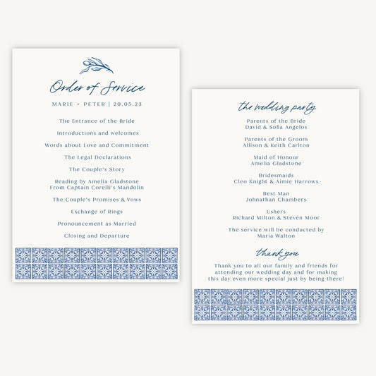 Blue Tile Mediterranean Wedding Order of Service Sheet