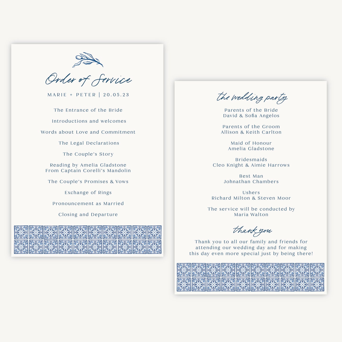 Blue Tile Mediterranean Wedding Order of Service Sheet