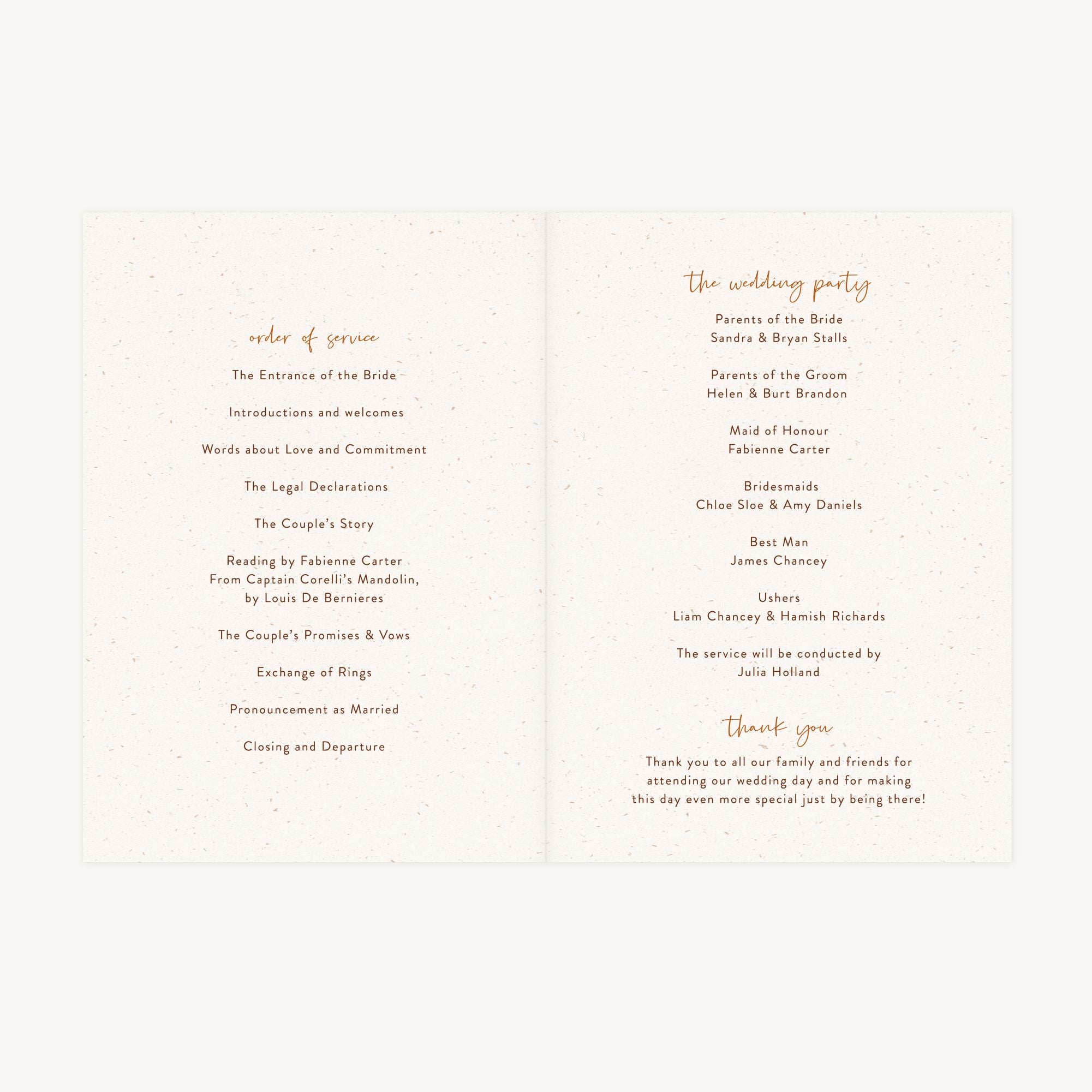 Modern Boho Wedding Order of Service