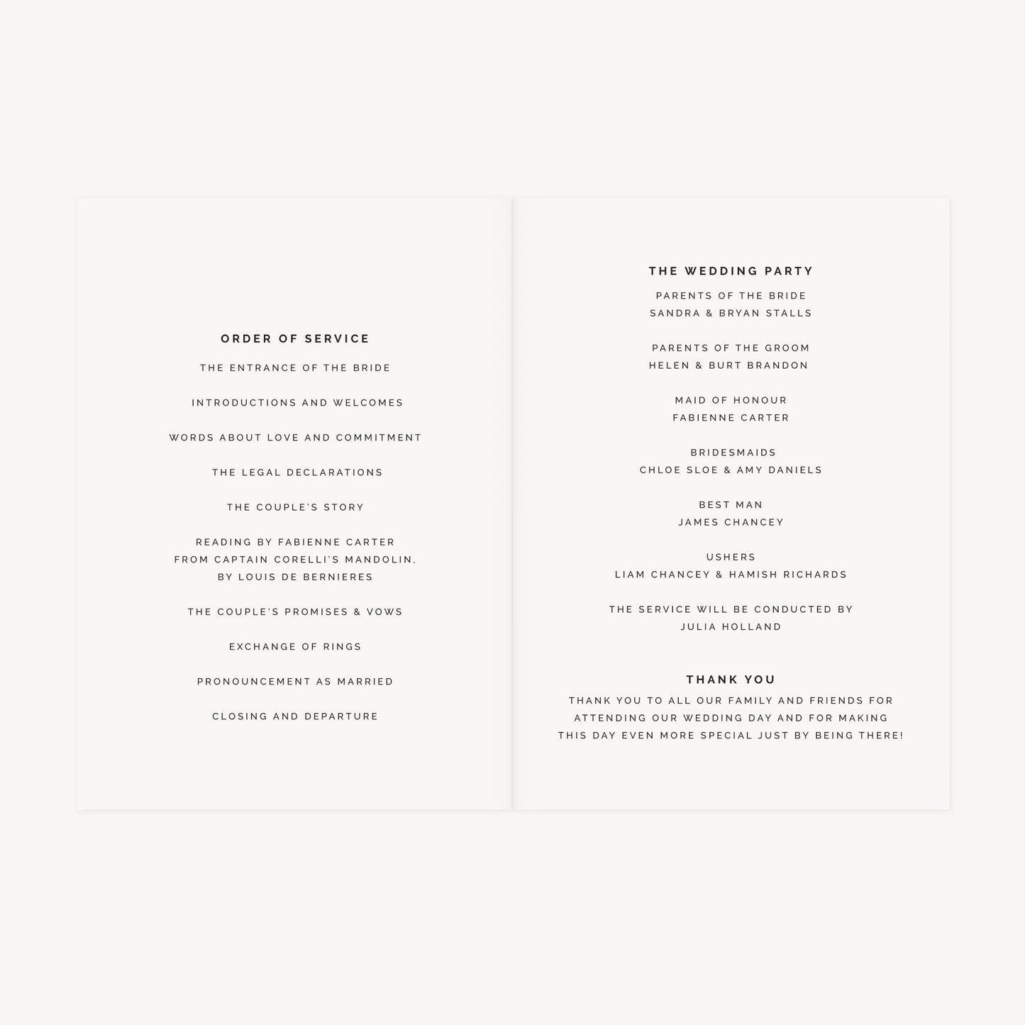 Modern Script Wedding Order of Service