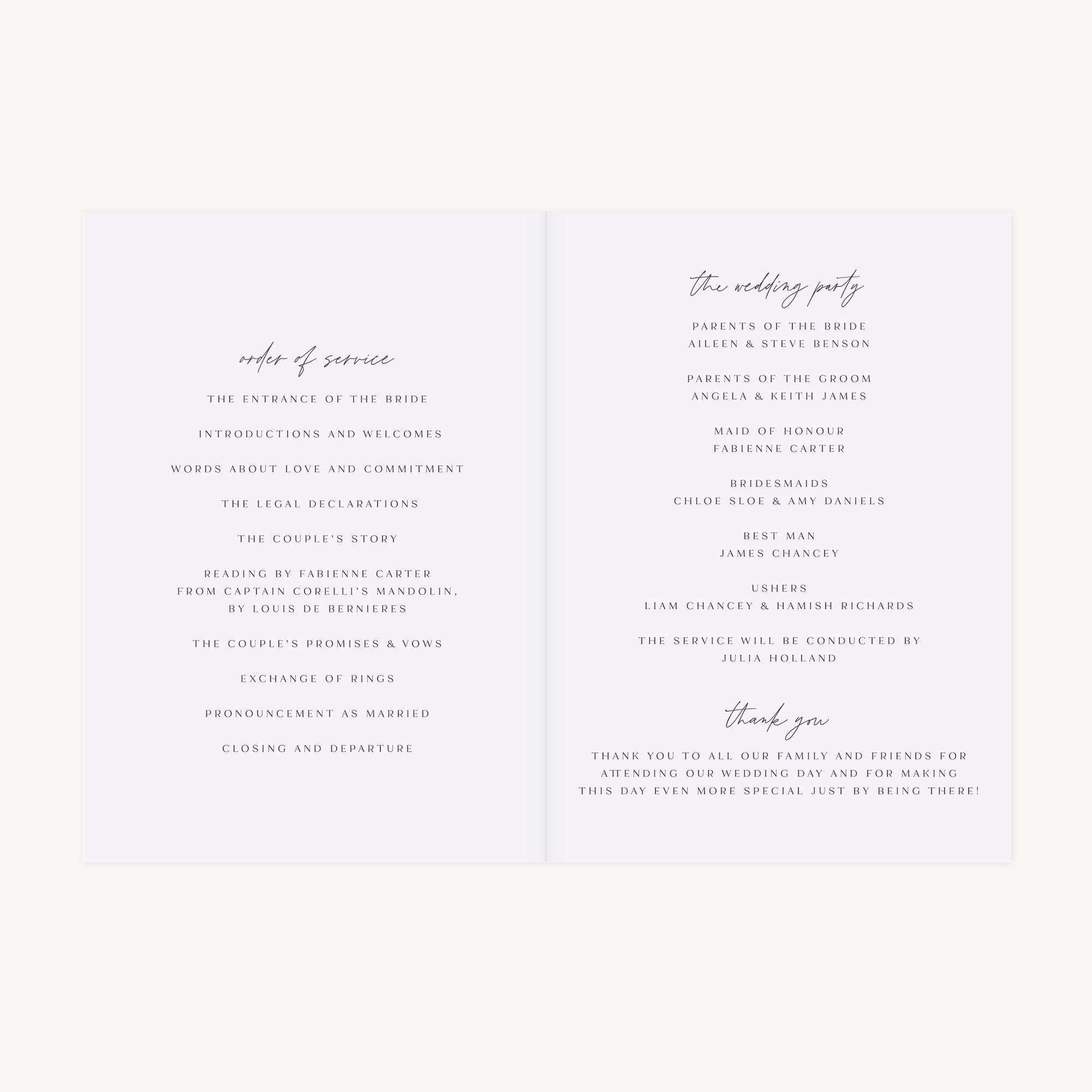 Pressed Wildflowers Wedding Order of Service