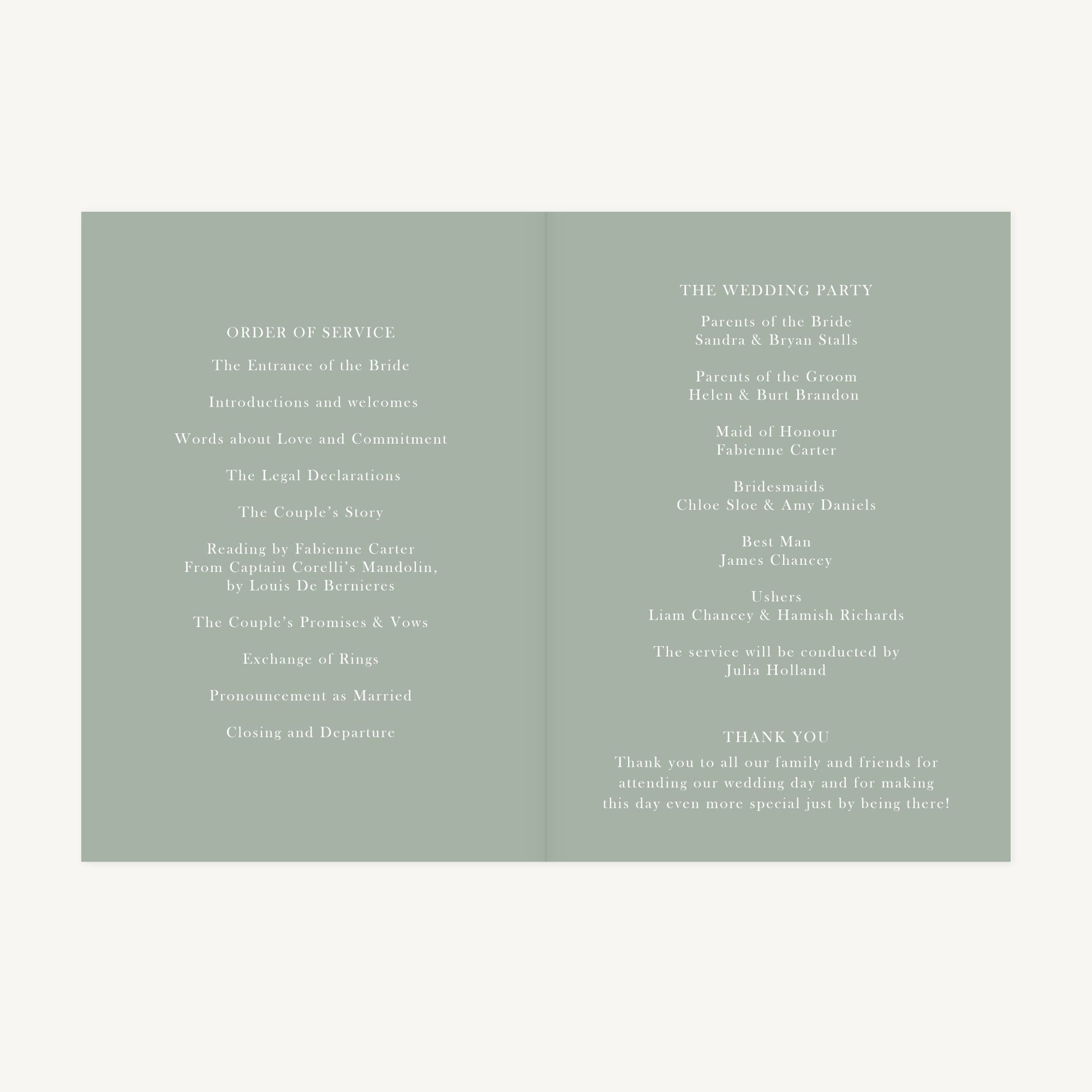 Sage Wildflower Wedding Order of Service