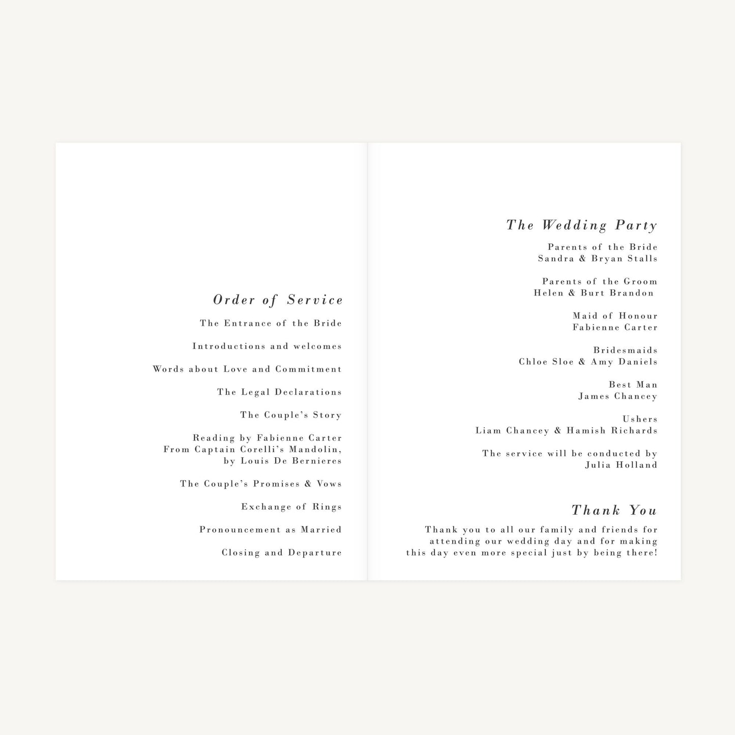 Simple Floral Wedding Order of Service
