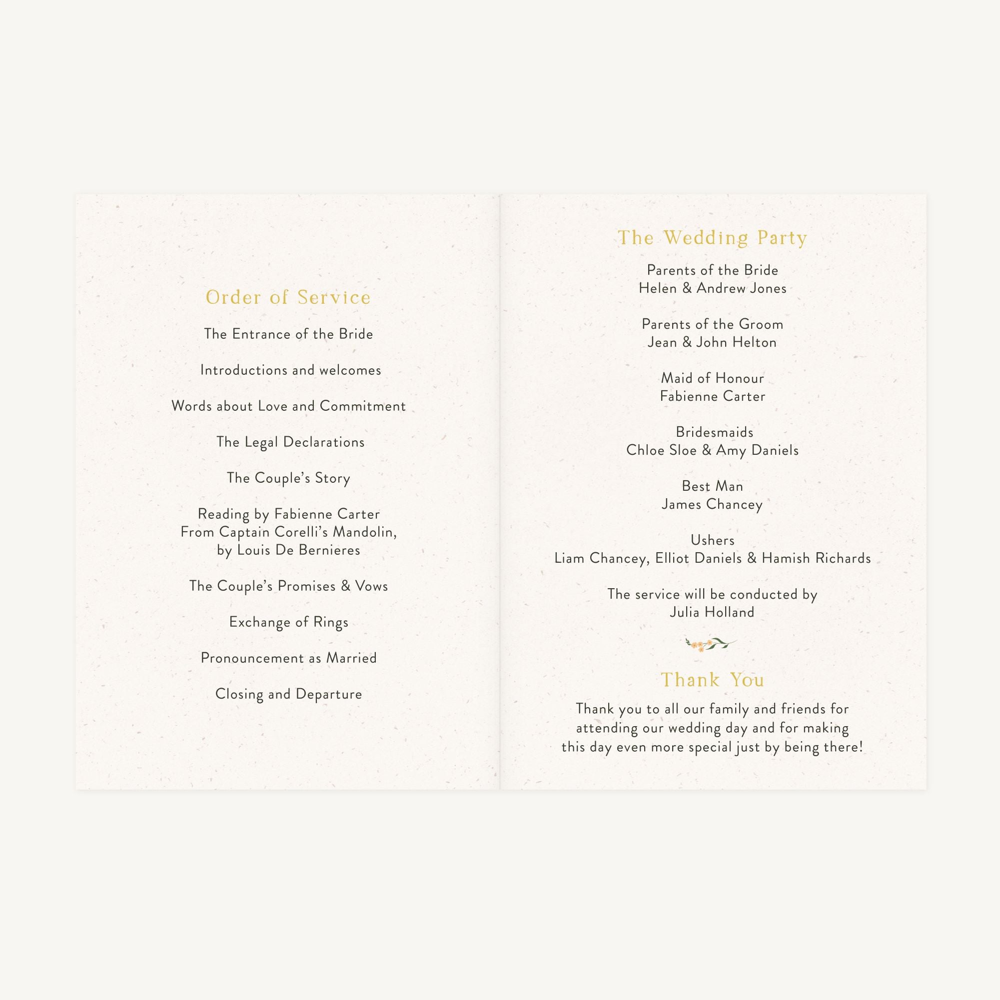 Summer Meadow Wedding Order of Service