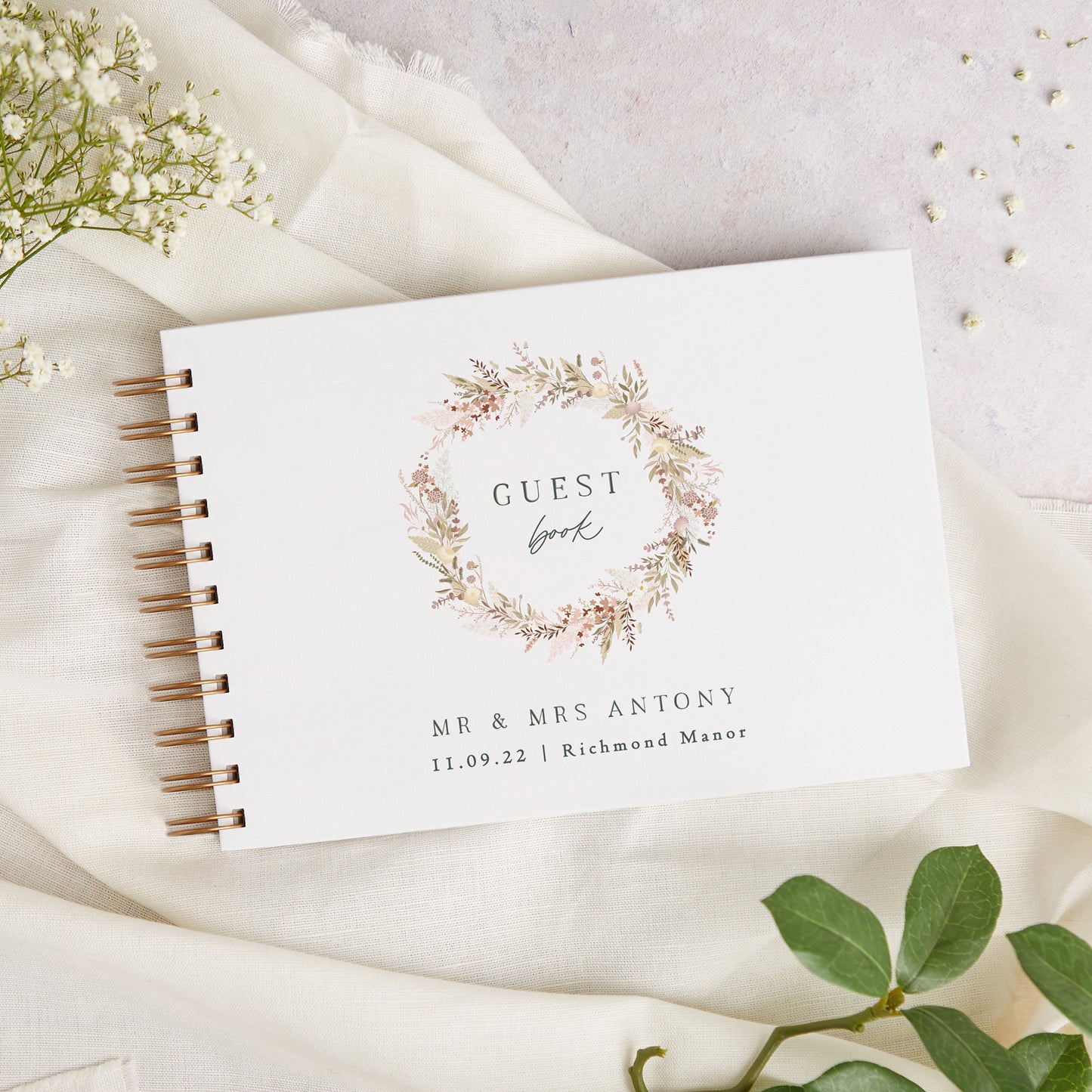 Dried Flower Wreath Personalised Wedding Guest Book