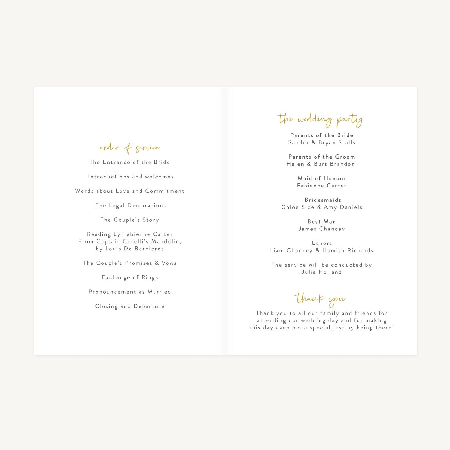 White Floral Wedding Order of Service
