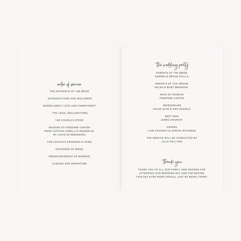 White Modern Script Wedding Order of Service