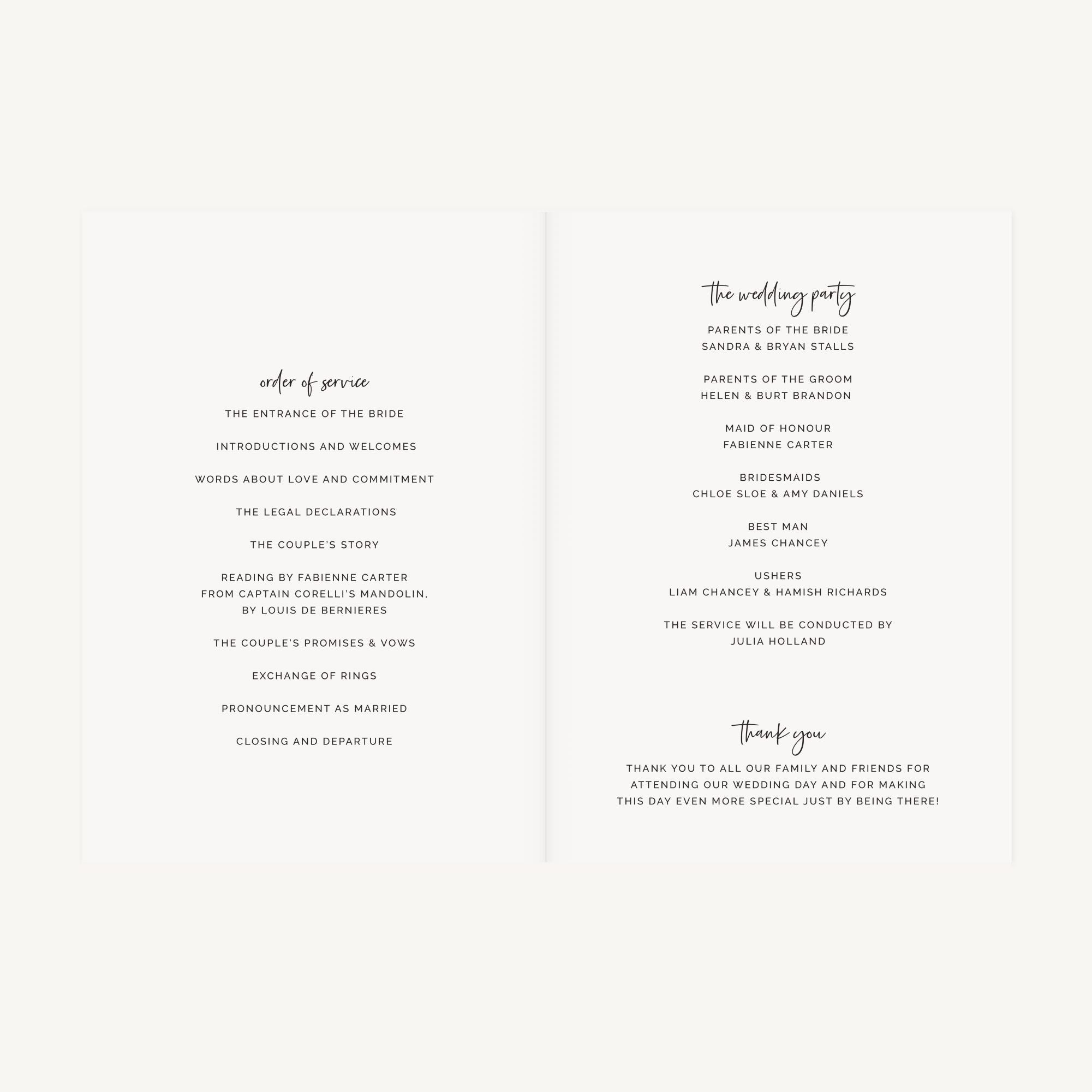 White Modern Script Wedding Order of Service
