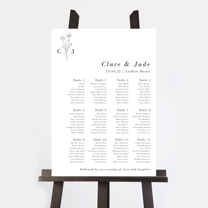 Simple Floral Personalised Wedding Table Plan