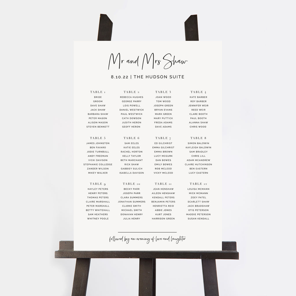 White Modern Script Personalised Wedding Table Plan