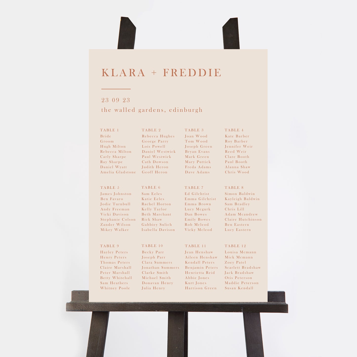 Caramel Autumn Colour Block Personalised Wedding Table Plan