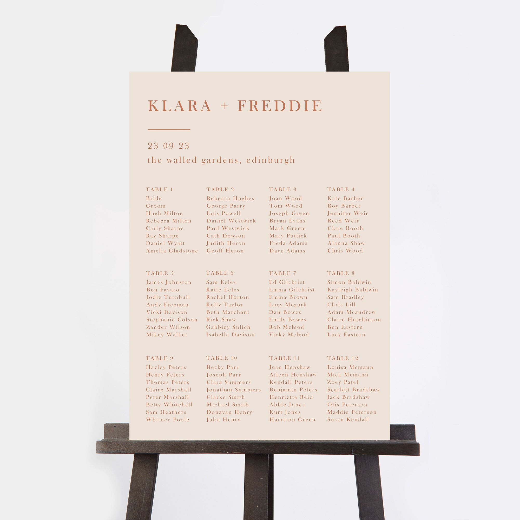 Caramel Autumn Colour Block Personalised Wedding Table Plan