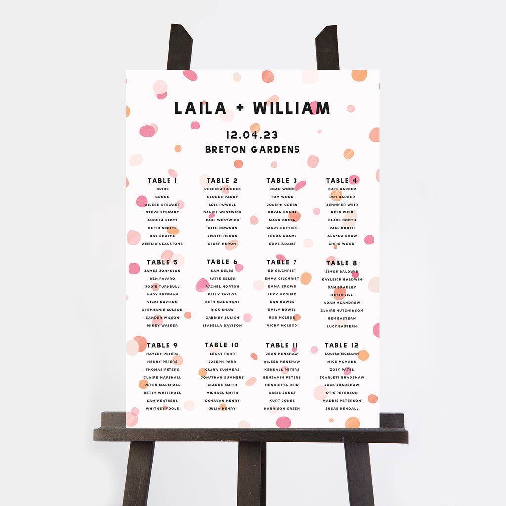 Bright Pink Confetti Personalised Wedding Table Plan