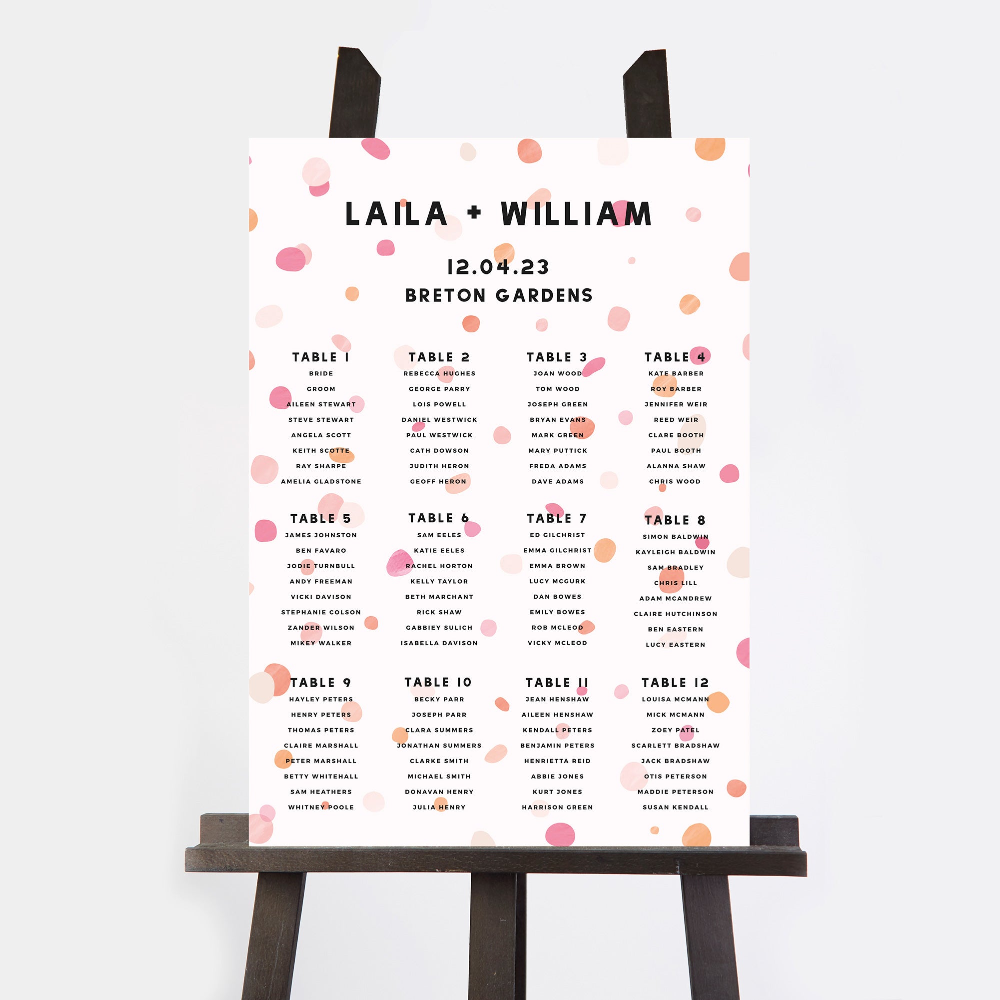 Bright Pink Confetti Personalised Wedding Table Plan