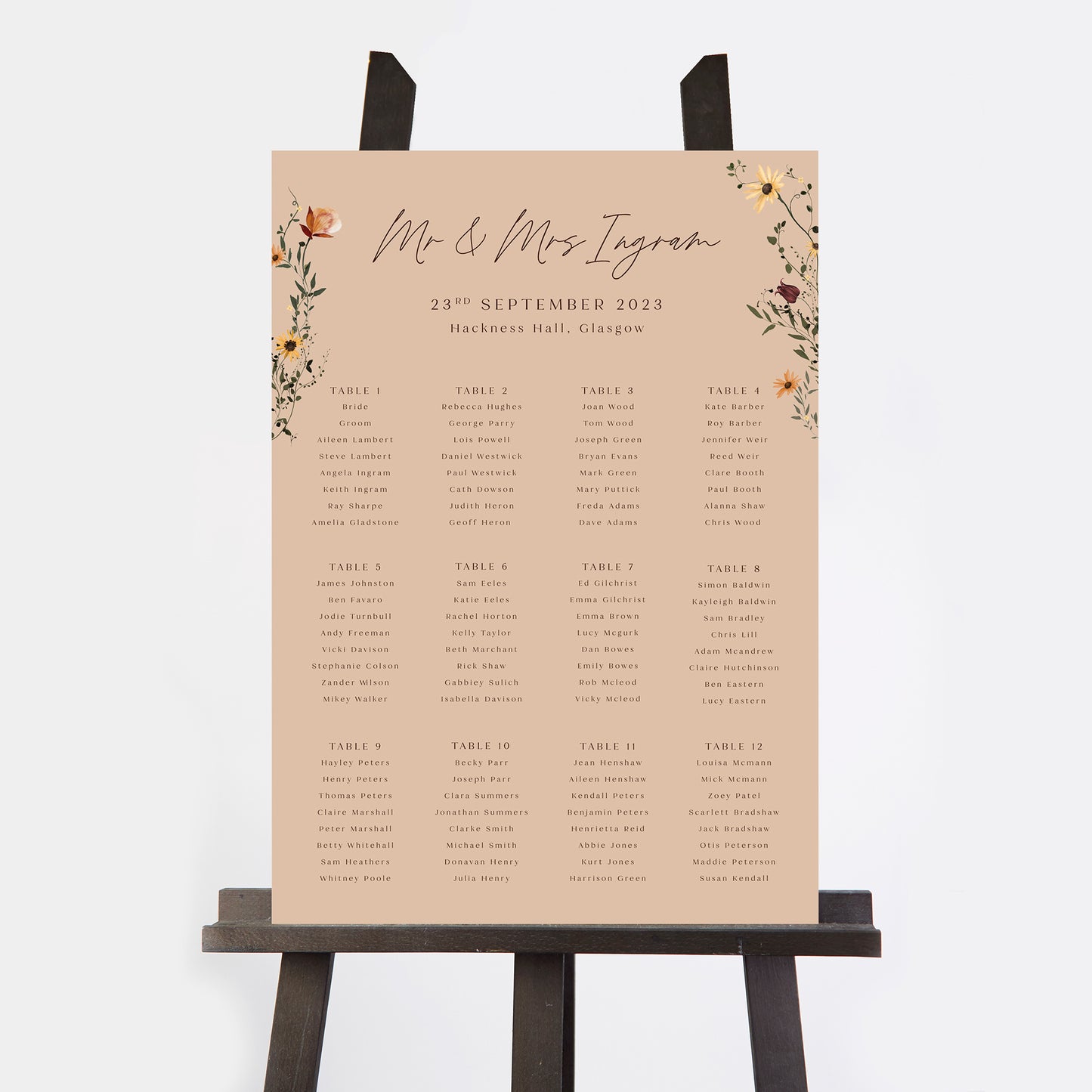 Autumn Wildflowers Personalised Wedding Table Plan