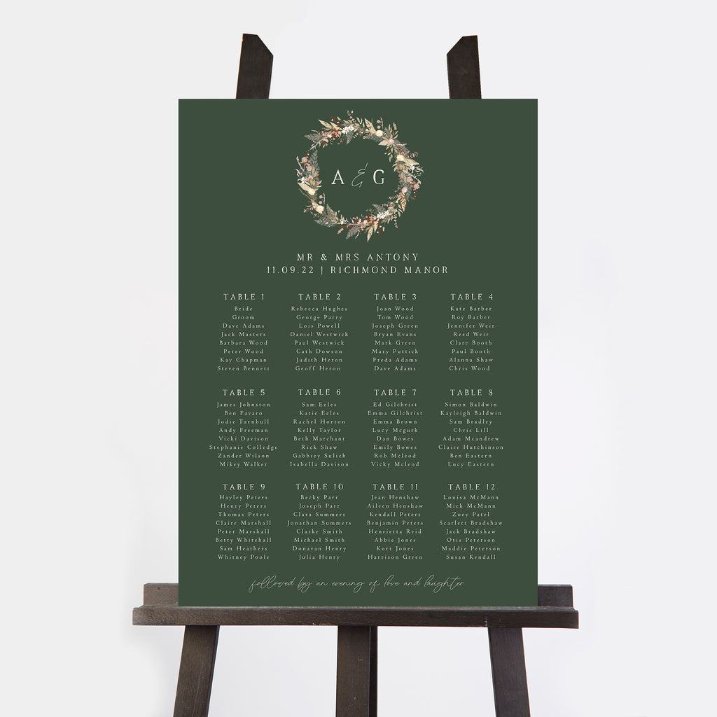 Dried Flower Wreath Personalised Wedding Table Plan